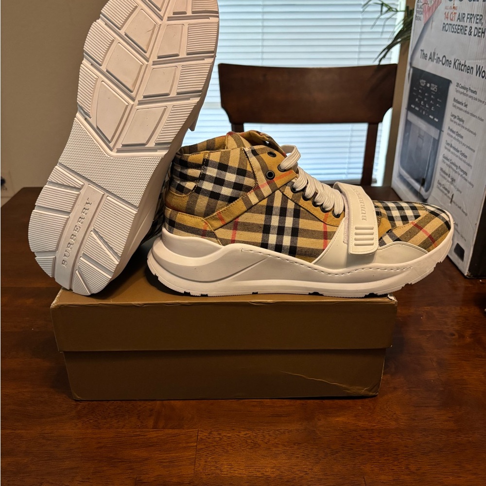 Burberry Plaid High-Top Sneakers - Beige and Black - Picture 5 of 8
